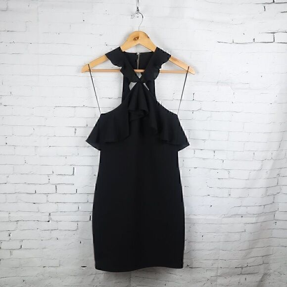 ZARA BLACK RUFFLE NECK SLEEVELESS BODYCON MIDI DRESS SIZE SMALL NWT - Picture 1 of 11